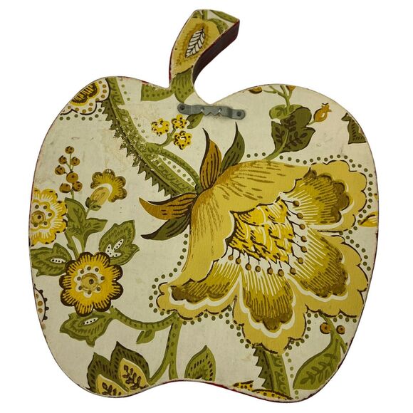 Floral Apple Shape Wood Art Trivet Vintage 70s Hand Painted Country Decorative - Picture 2 of 13
